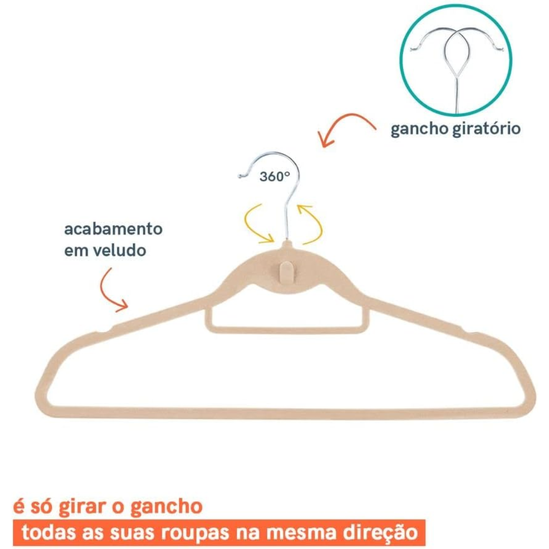 Kit de 3 Cabides Toque de Veludo com Gancho Frontal - Oikos