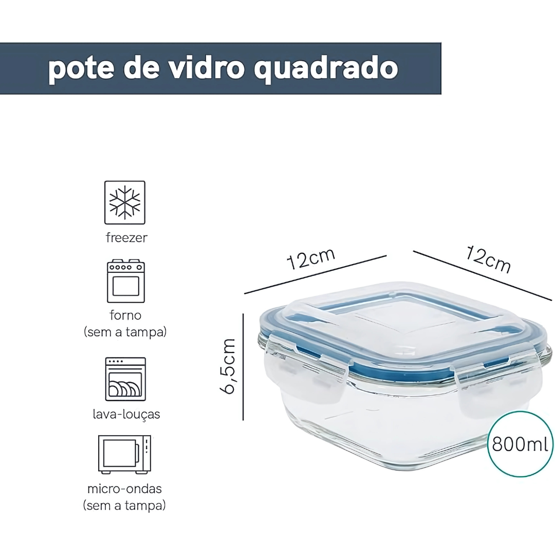 Pote 800ML de Vidro com Tampa Transparente Quadrado Raso - Oikos