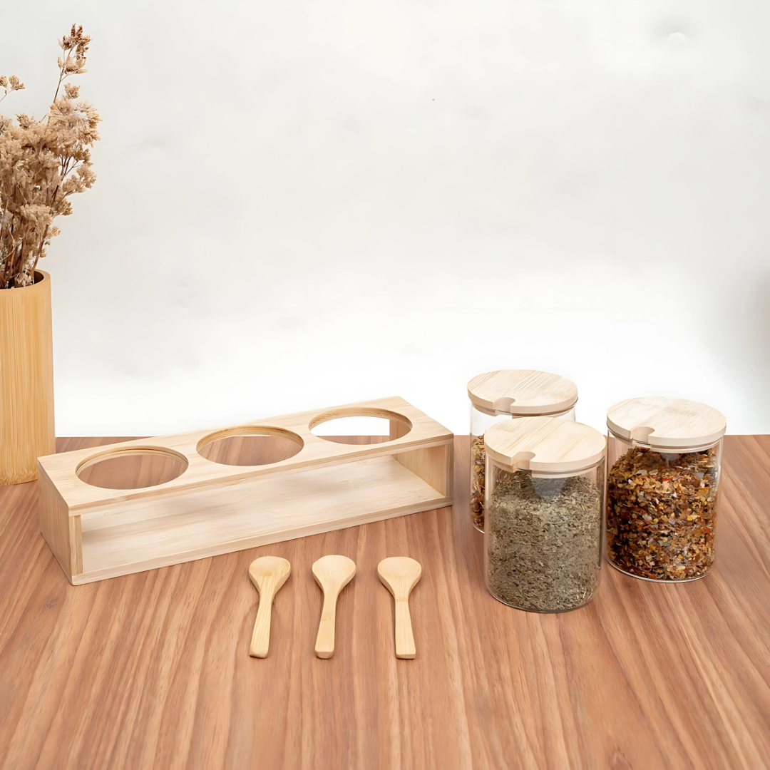 Kit 3 Porta Temperos com Base 300ml Vidro e Bambu - Clink