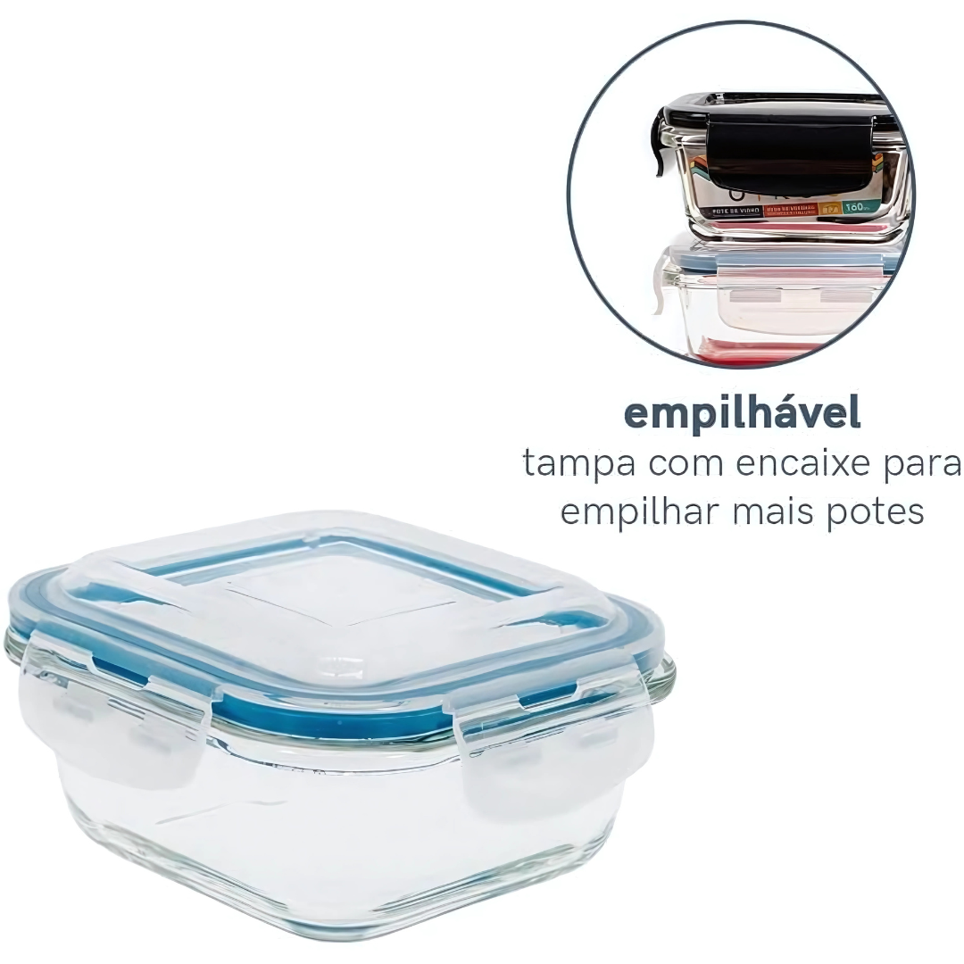 Pote 800ML de Vidro com Tampa Transparente Quadrado Raso - Oikos