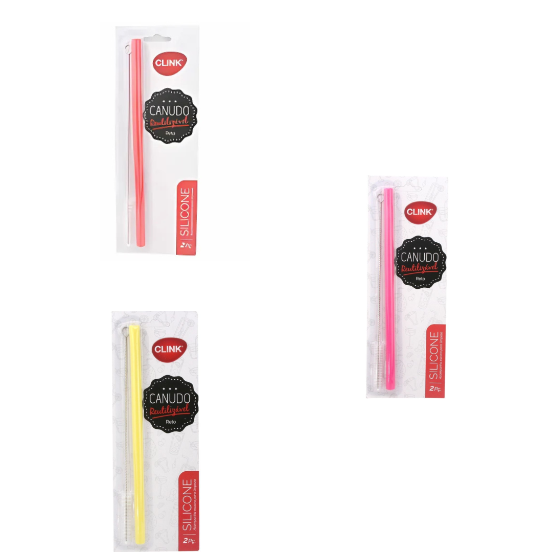 Canudo de Silicone Reto Longo Reutilizável + Escova Higiênica