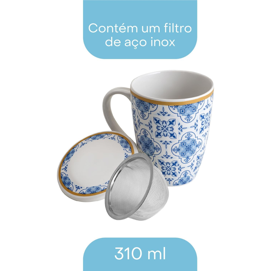 Caneca de Porcelana com Filtro Inox Super White Lisboa - Lyor