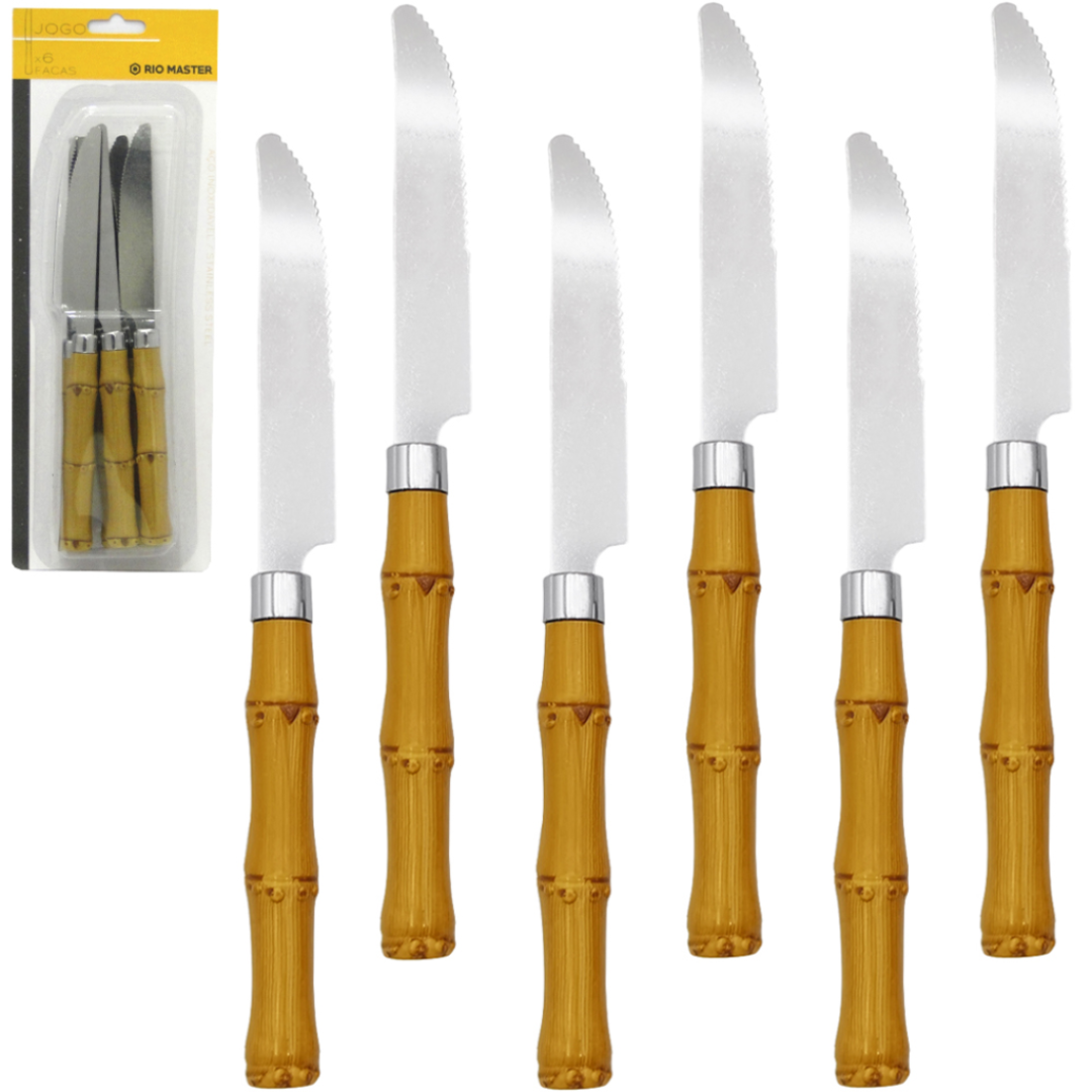 Conjunto com 6 Peças de Faca Inox com Cabo de Plástico de Bambu - Rio Master