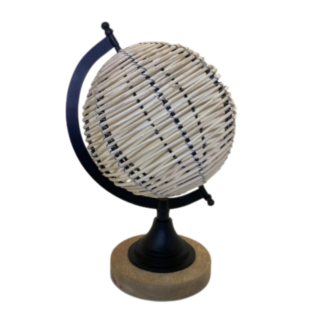 Objeto Globo Palha Rathan Base Metal e Madeira 26x15cm - Entrecasa