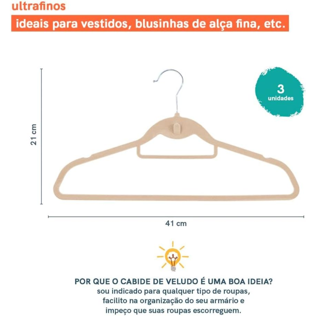 Kit de 3 Cabides Toque de Veludo com Gancho Frontal - Oikos