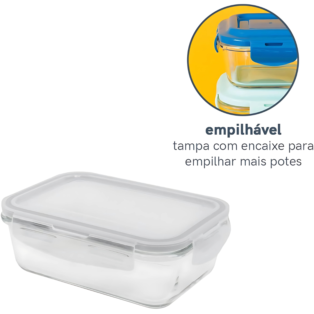 Pote 840ML de Vidro com Tampa Transparente Retangular Raso - Oikos